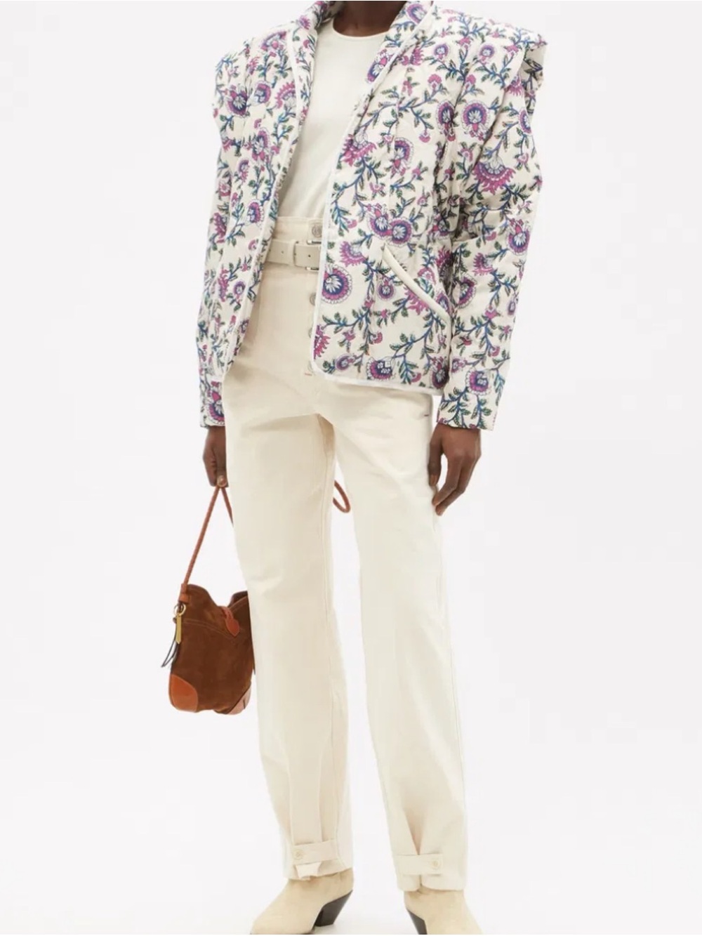 Isabel Marant Janissae Detachable Sleeve Ivory Quilted Jacket w/Purple Floral 36